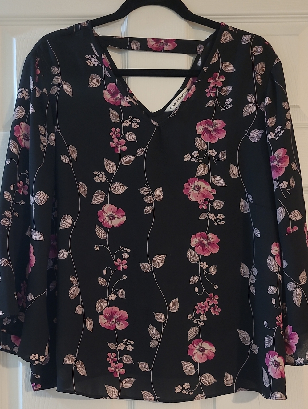 Counterparts Black V-Neck Blouse with Pink Floral Print